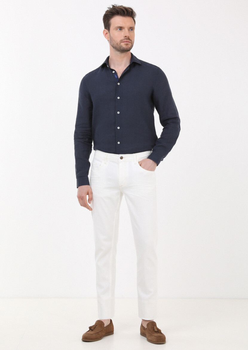Ekru Düz Slim Fit Denim Pamuk Karışımlı Pantolon 