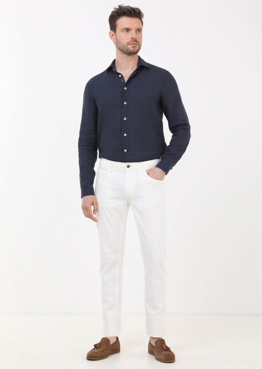 Ekru Düz Slim Fit Denim Pamuk Karışımlı Pantolon - 2