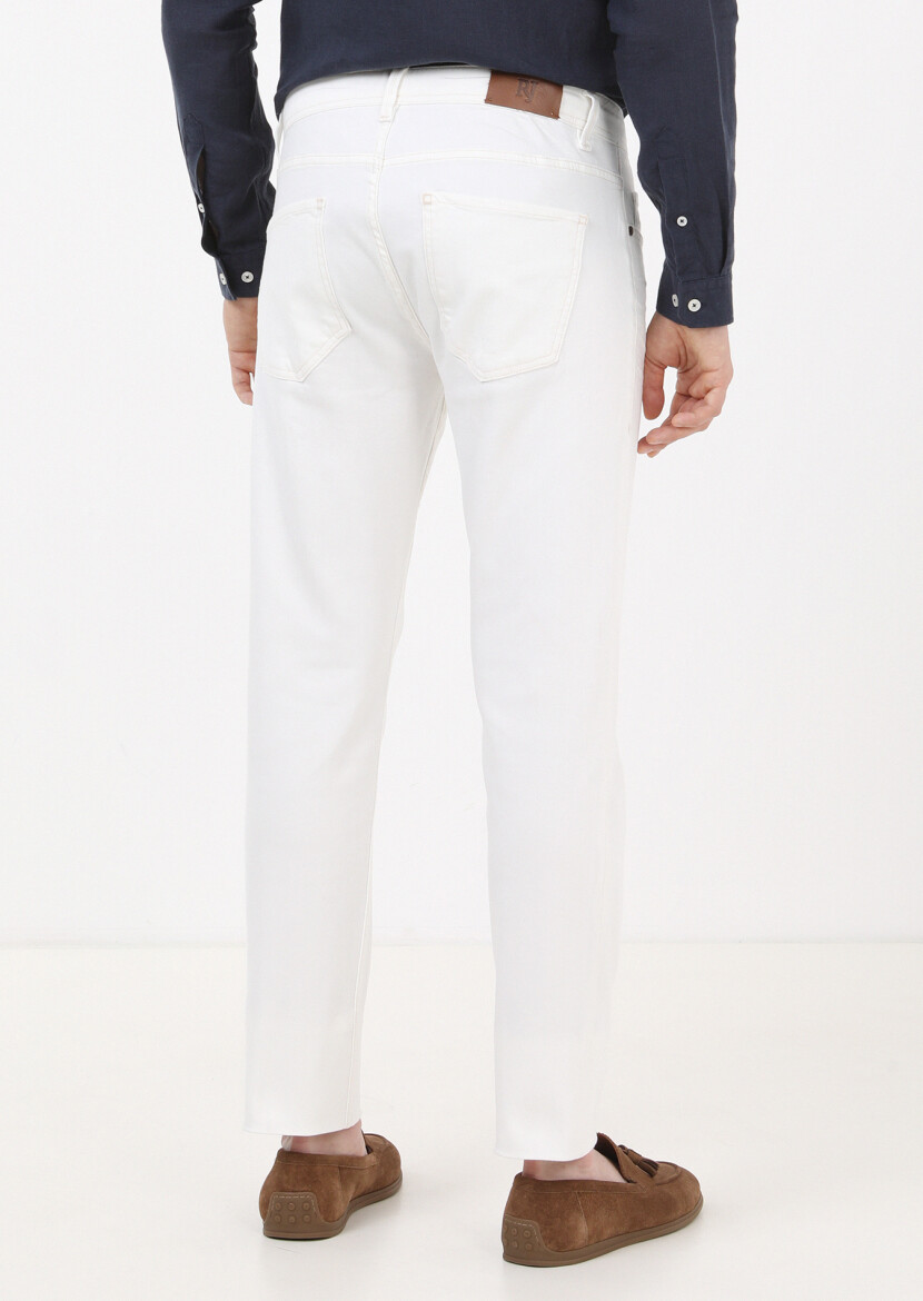 Ekru Düz Slim Fit Denim Pamuk Karışımlı Pantolon - 3