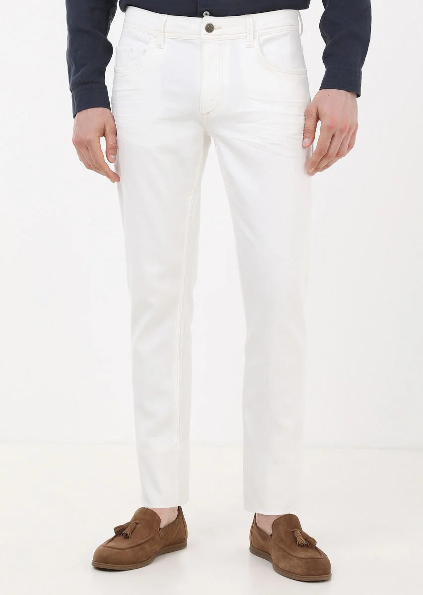 Ekru Düz Slim Fit Denim Pamuk Karışımlı Pantolon - 1