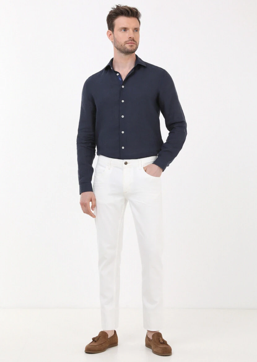 Ekru Düz Slim Fit Denim Pamuk Karışımlı Pantolon - 2
