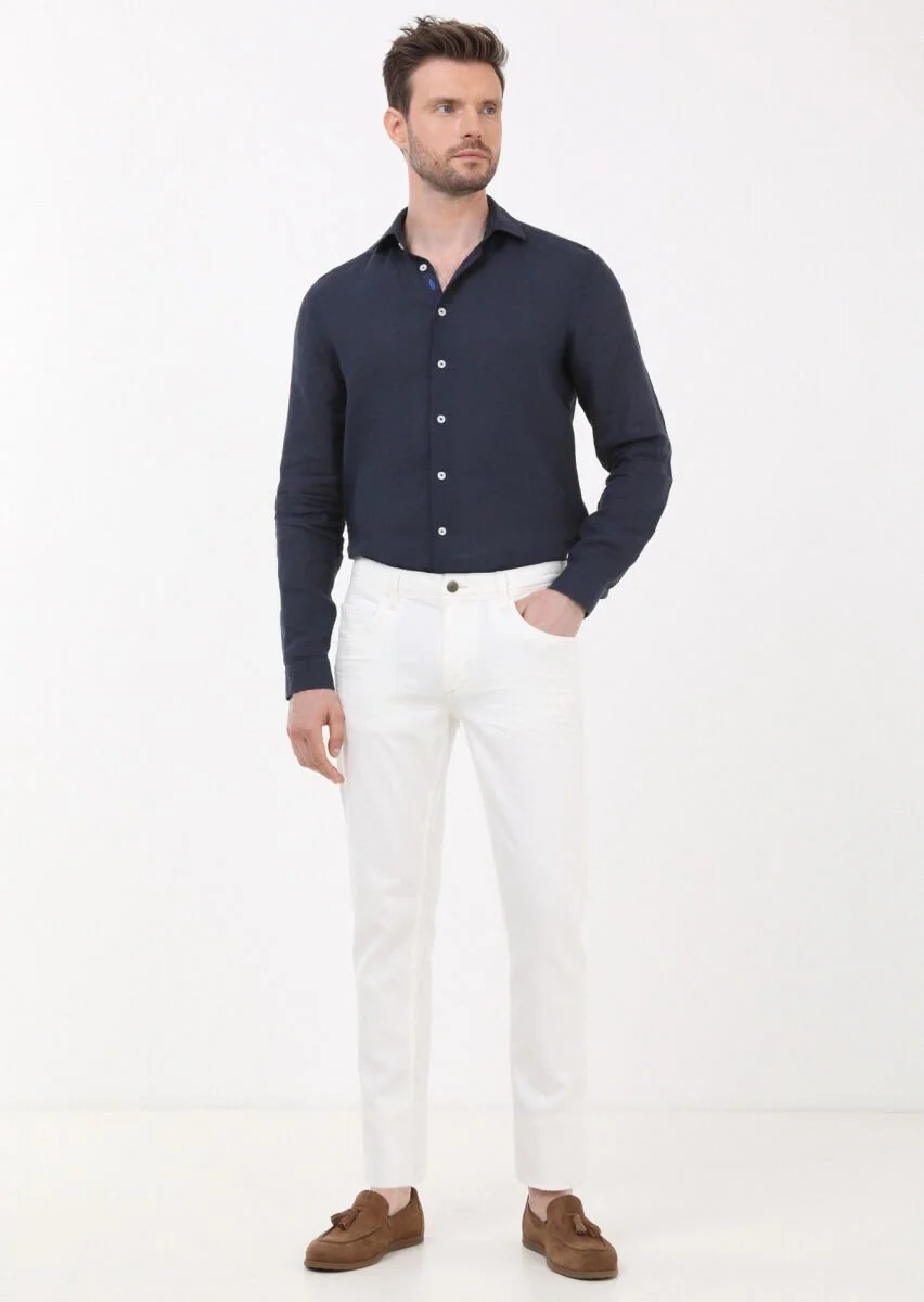 Ekru Düz Slim Fit Denim Pamuk Karışımlı Pantolon - 2