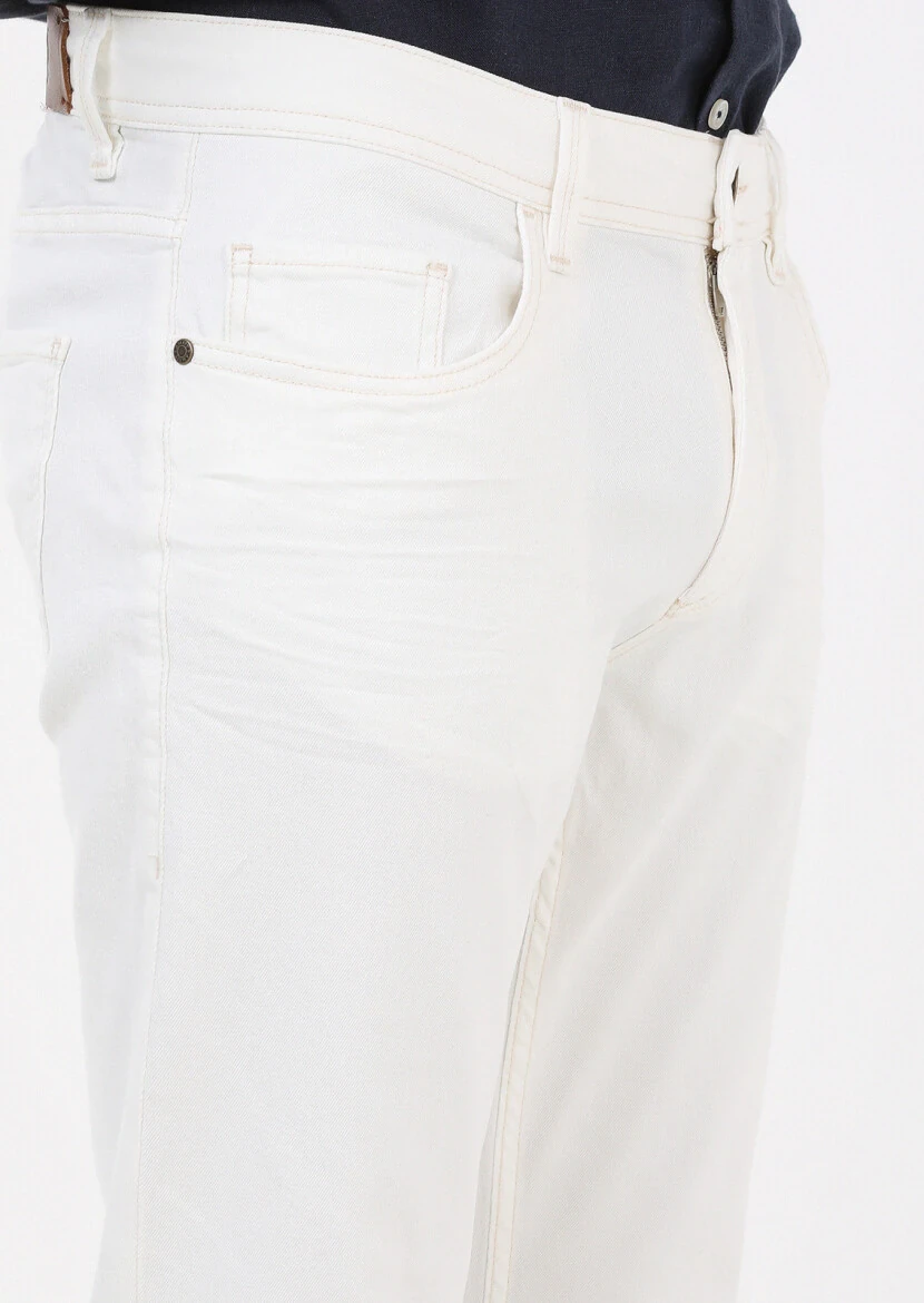 Ekru Düz Slim Fit Denim Pamuk Karışımlı Pantolon - 3