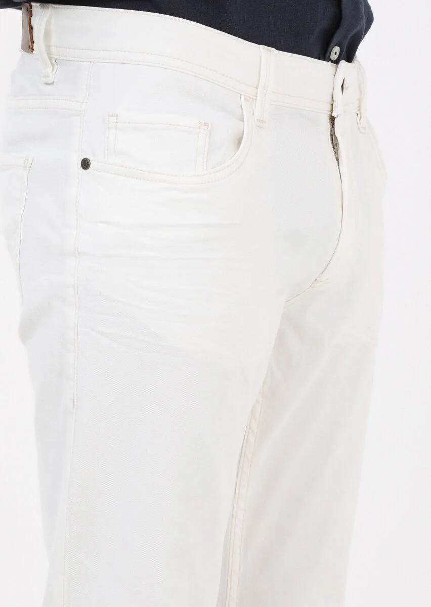 Ekru Düz Slim Fit Denim Pamuk Karışımlı Pantolon - 3
