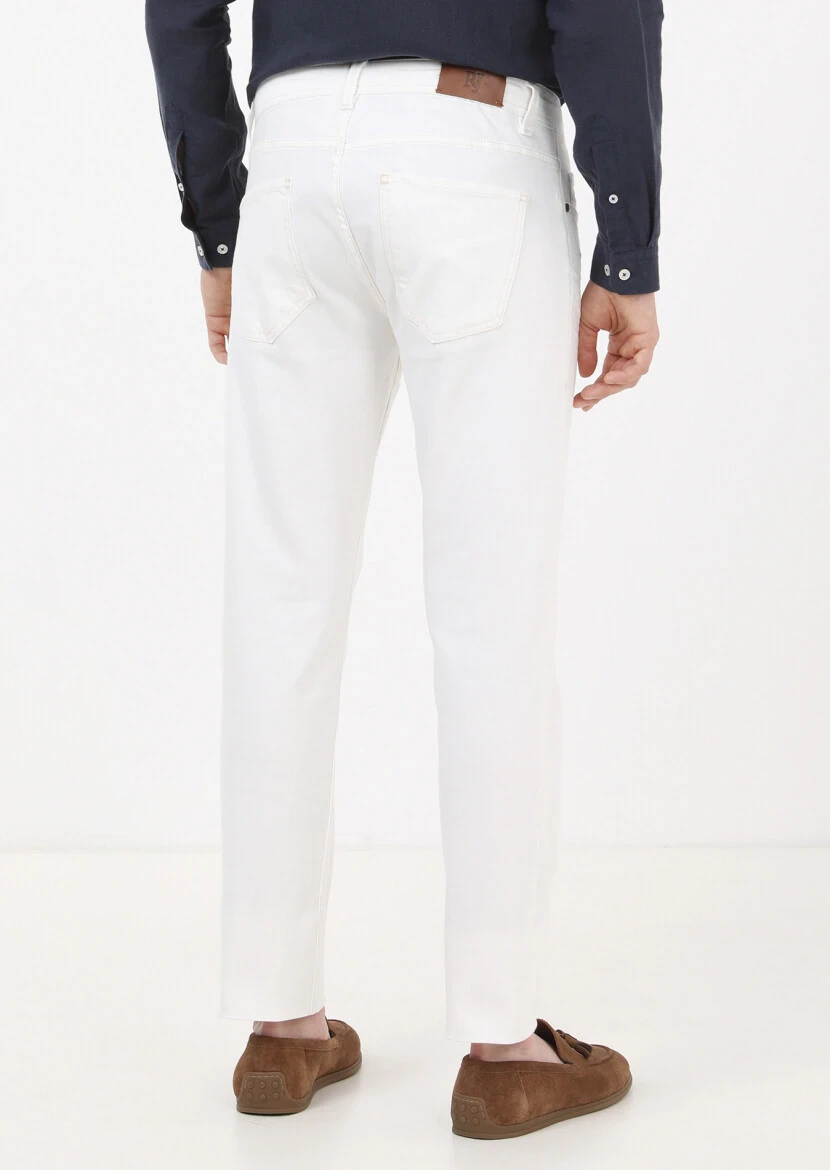 Ekru Düz Slim Fit Denim Pamuk Karışımlı Pantolon - 4
