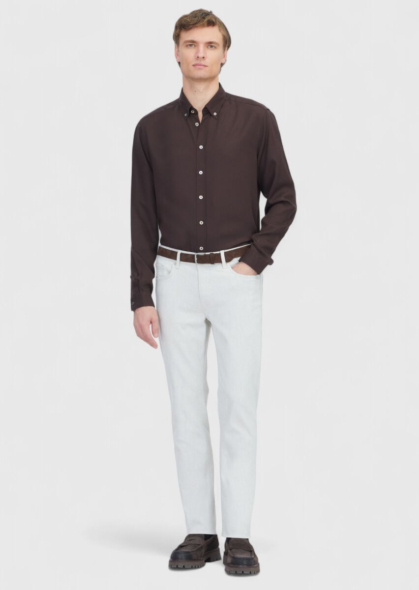 Ekru Düz Slim Fit Denim Pamuk Karışımlı Pantolon - 1