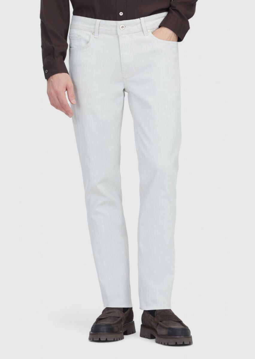 Ekru Düz Slim Fit Denim Pamuk Karışımlı Pantolon - 2
