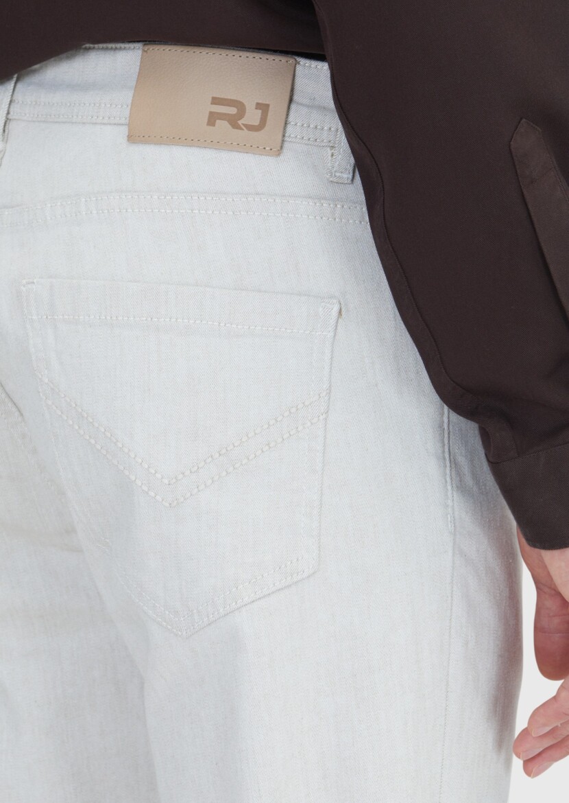 Ekru Düz Slim Fit Denim Pamuk Karışımlı Pantolon - 4