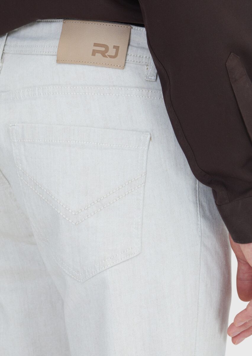 Ekru Düz Slim Fit Denim Pamuk Karışımlı Pantolon - 4