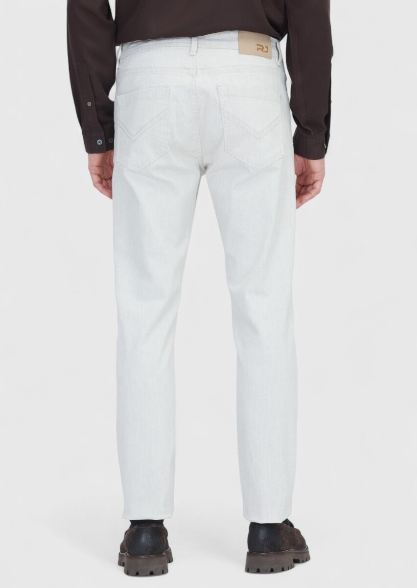 Ekru Düz Slim Fit Denim Pamuk Karışımlı Pantolon - 5