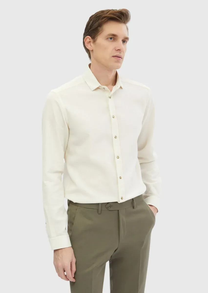 Ekru Düz Slim Fit Dokuma Casual Pamuk Karışımlı Gömlek - 1