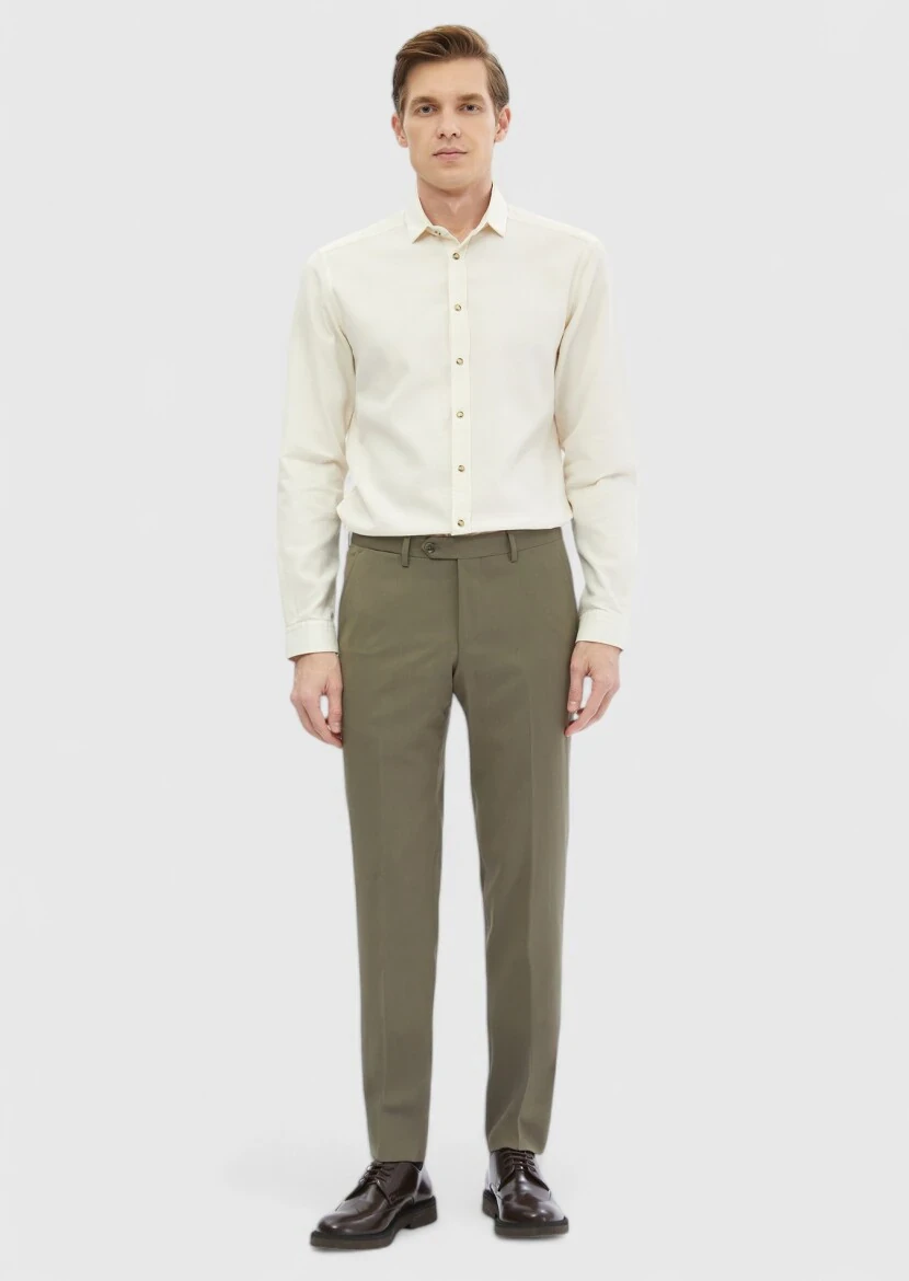 Ekru Düz Slim Fit Dokuma Casual Pamuk Karışımlı Gömlek - 2