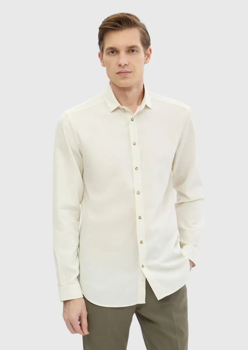 Ekru Düz Slim Fit Dokuma Casual Pamuk Karışımlı Gömlek - 3
