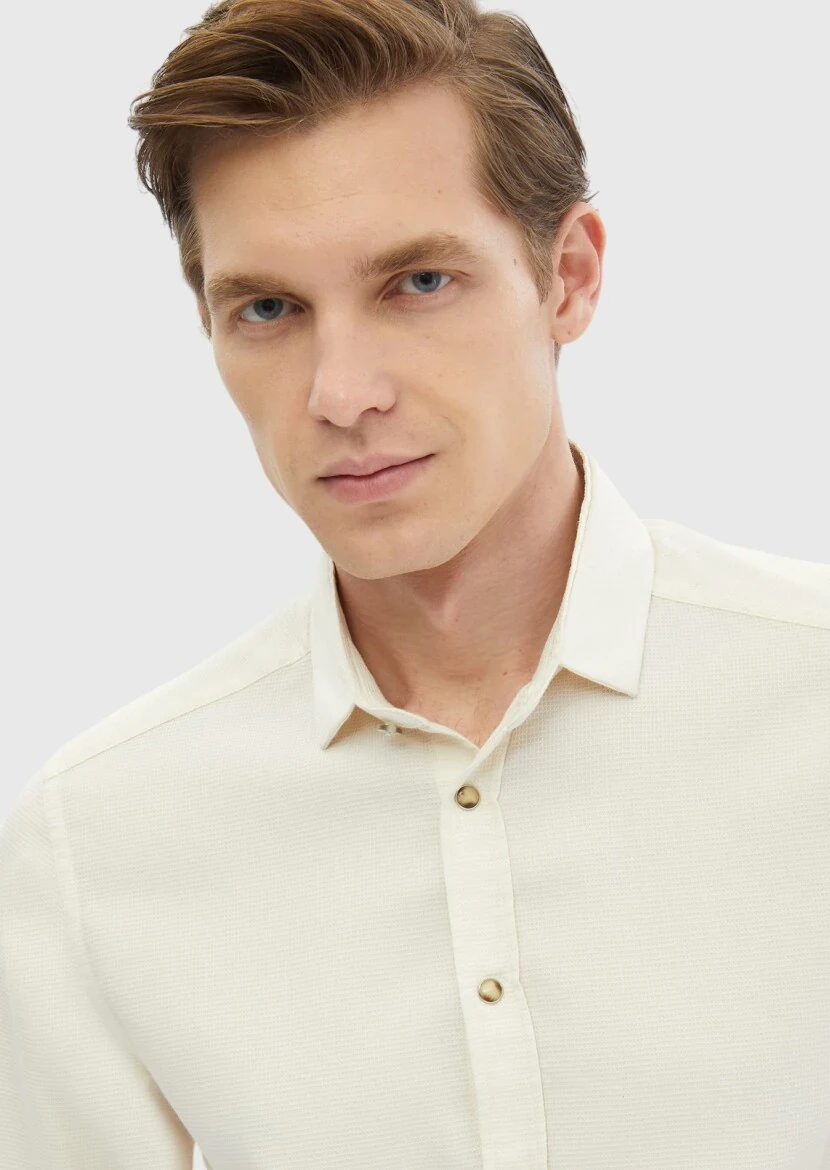 Ekru Düz Slim Fit Dokuma Casual Pamuk Karışımlı Gömlek - 4