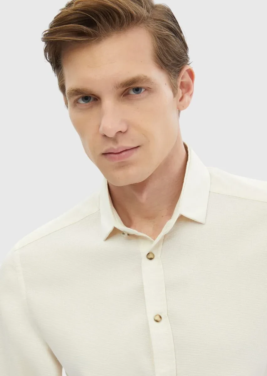 Ekru Düz Slim Fit Dokuma Casual Pamuk Karışımlı Gömlek - 4