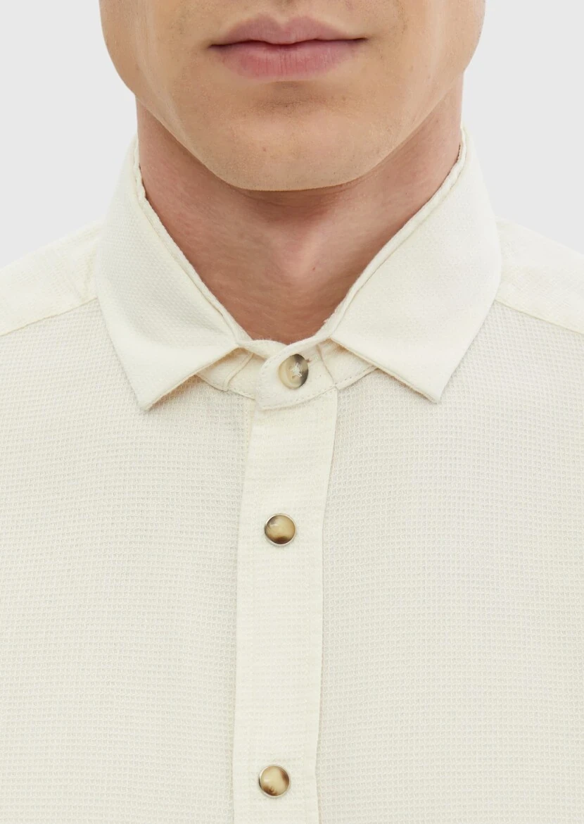 Ekru Düz Slim Fit Dokuma Casual Pamuk Karışımlı Gömlek - 5