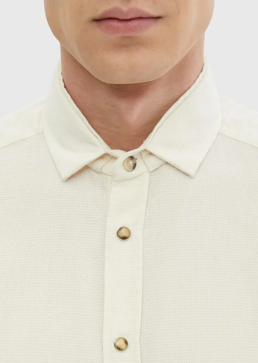 Ekru Düz Slim Fit Dokuma Casual Pamuk Karışımlı Gömlek - 5