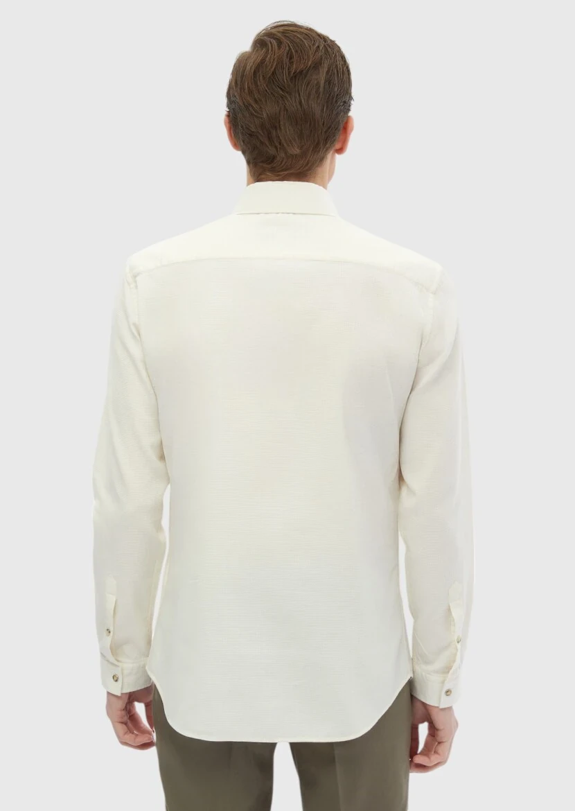 Ekru Düz Slim Fit Dokuma Casual Pamuk Karışımlı Gömlek - 6