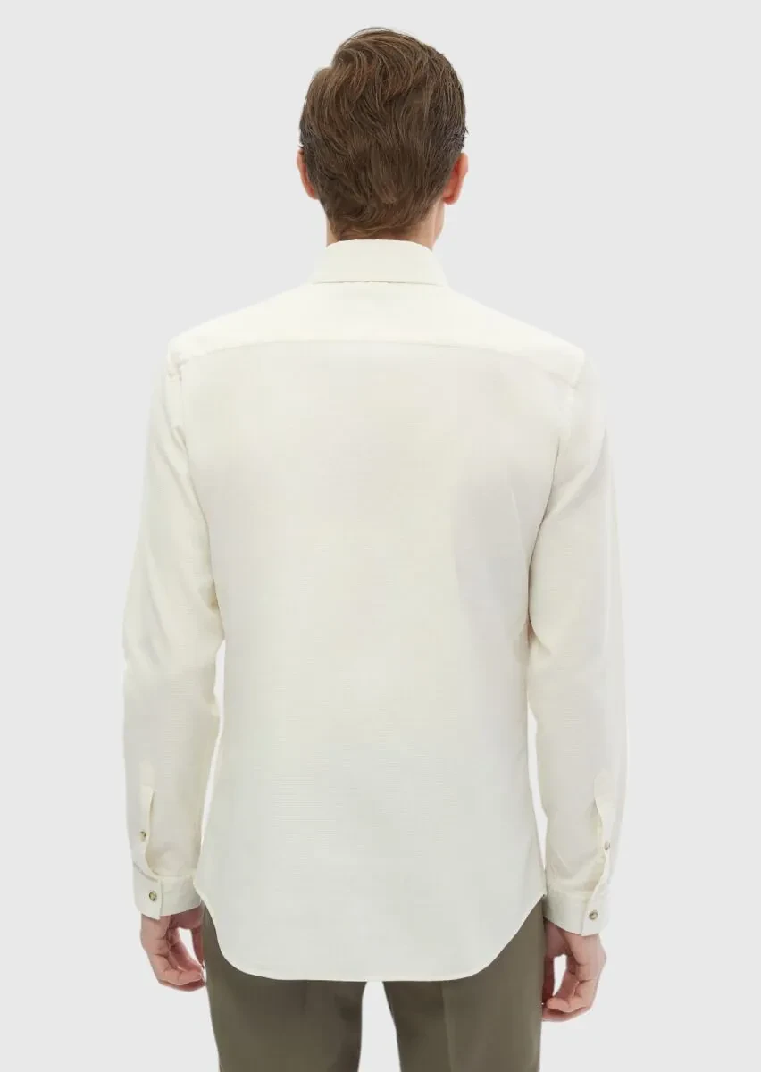Ekru Düz Slim Fit Dokuma Casual Pamuk Karışımlı Gömlek - 6