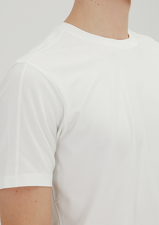 Ekru Düz Bisiklet Yaka T-Shirt - 3