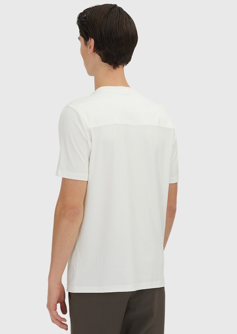 Ekru Düz Bisiklet Yaka T-Shirt - 4