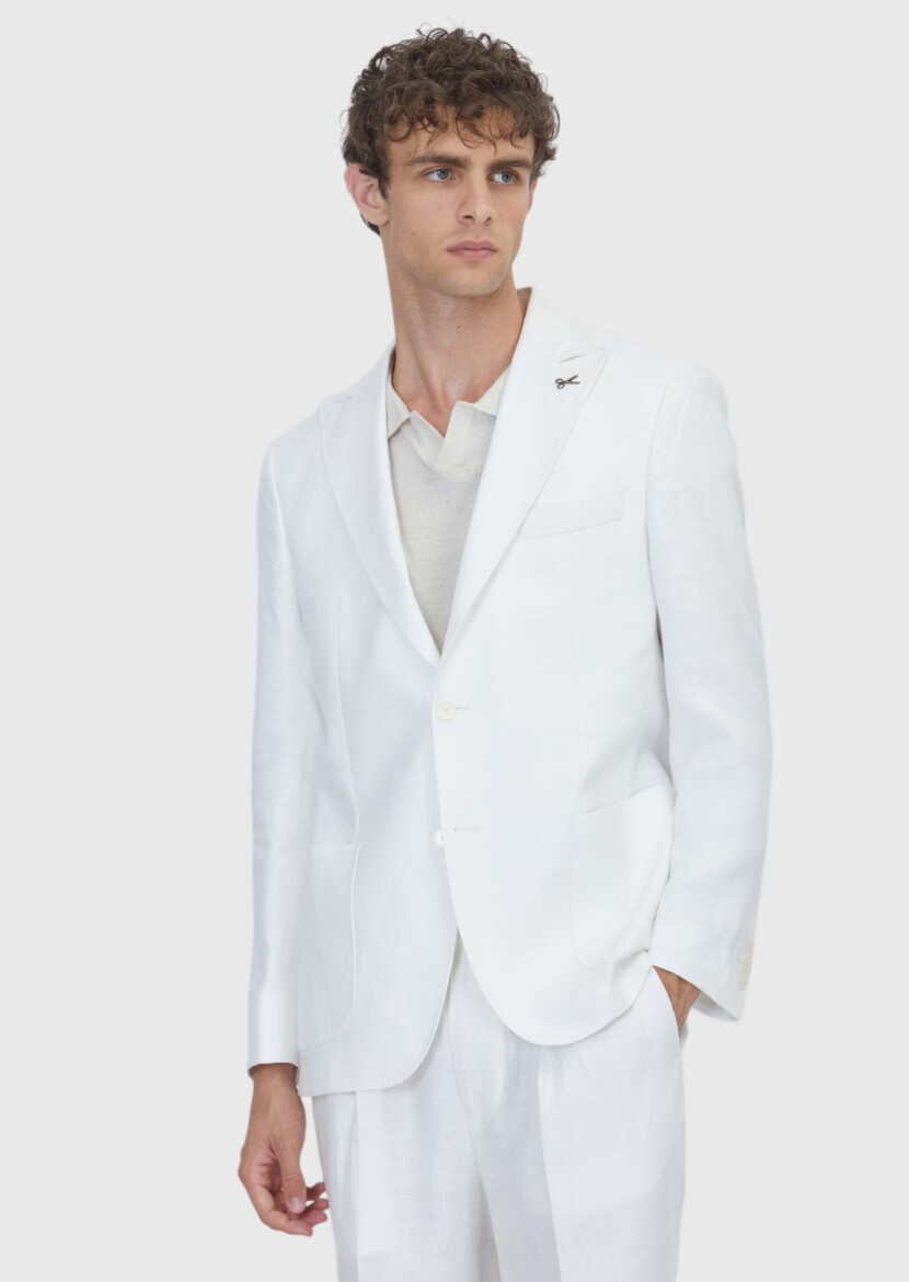 Ekru Düz Zeroweight Slim Fit %100 Keten Takım Elbise - 1