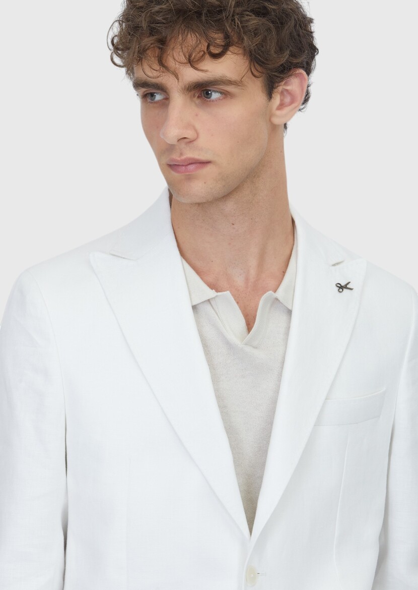 Ekru Düz Zeroweight Slim Fit %100 Keten Takım Elbise - 4