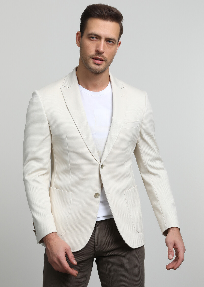 Ekru Düz Zeroweight Slim Fit %100 Pamuk Örme Ceket - 3