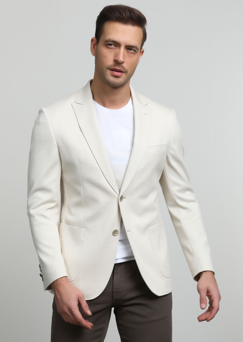 Ekru Düz Zeroweight Slim Fit %100 Pamuk Örme Ceket - 3