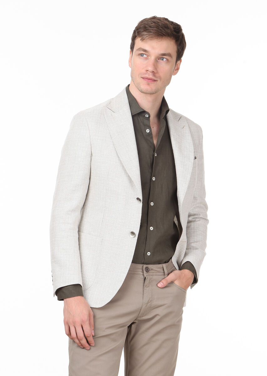 Ekru Düz Zeroweight Slim Fit Pamuk Karışımlı Ceket - 1