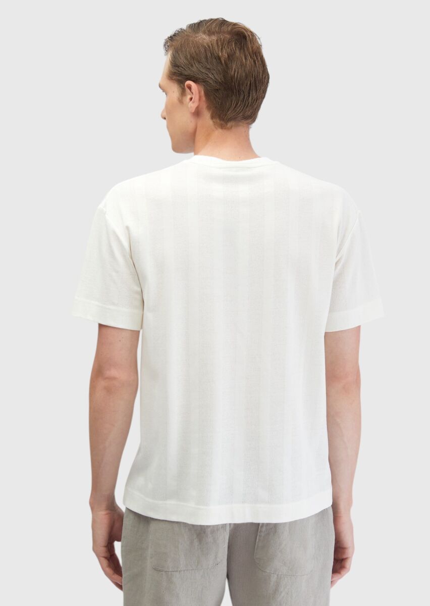 Ekru Jakarlı Bisiklet Yaka %100 Pamuk T-Shirt - 7