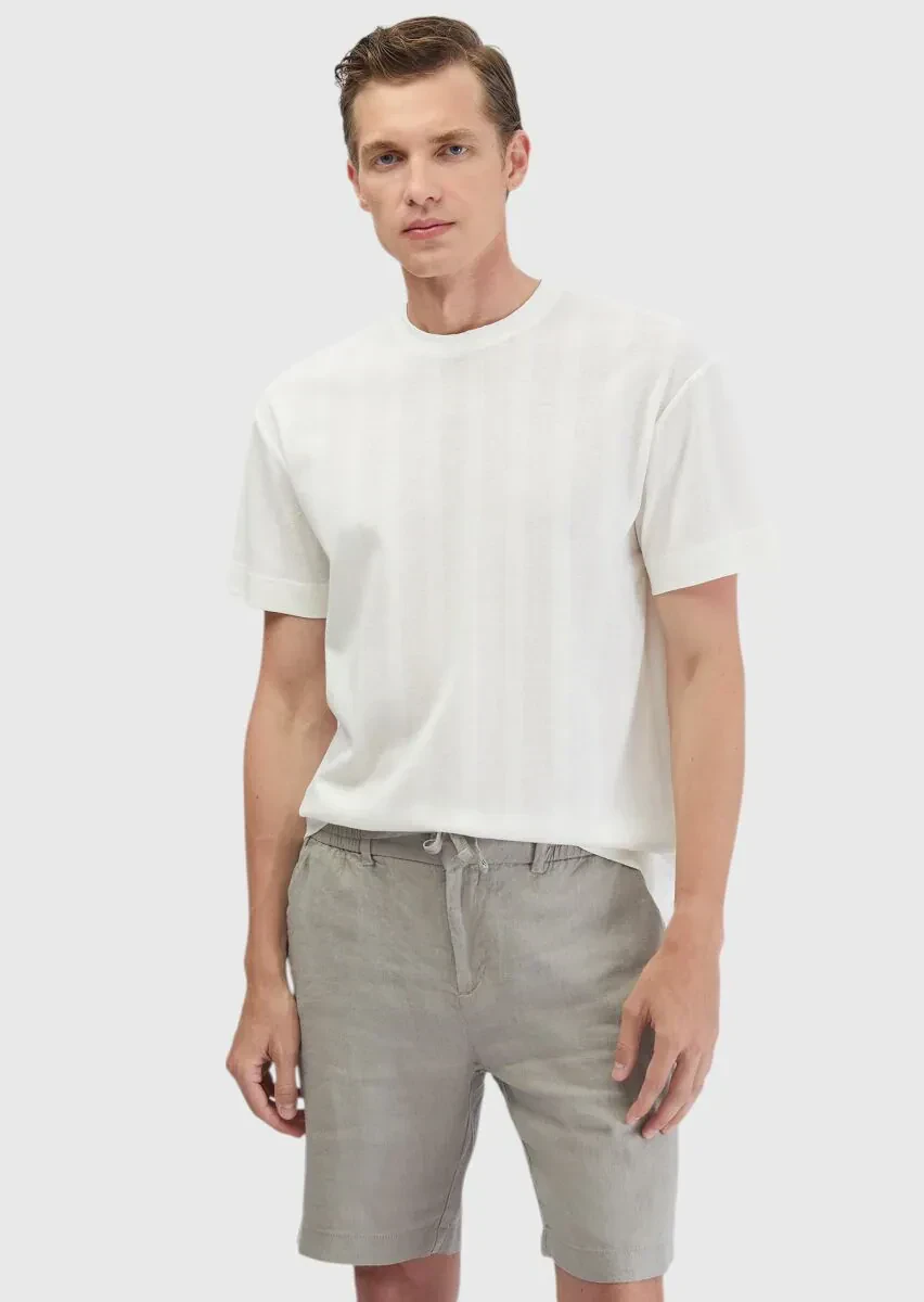 Ekru Jakarlı Bisiklet Yaka %100 Pamuk T-Shirt - 1