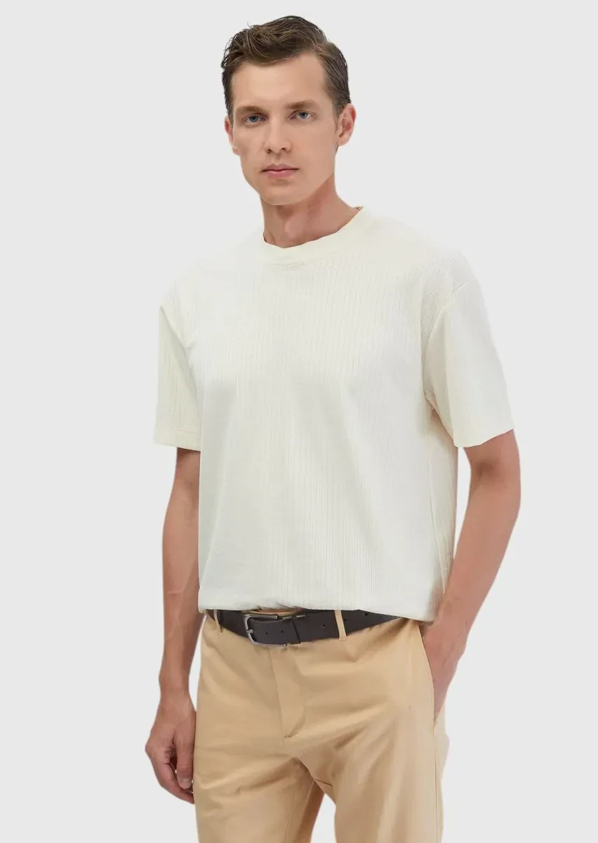 Ekru Jakarlı Bisiklet Yaka T-Shirt - 1