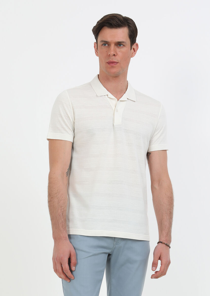 Ekru Jakarlı Küba Yaka %100 Pamuk T-Shirt - 3
