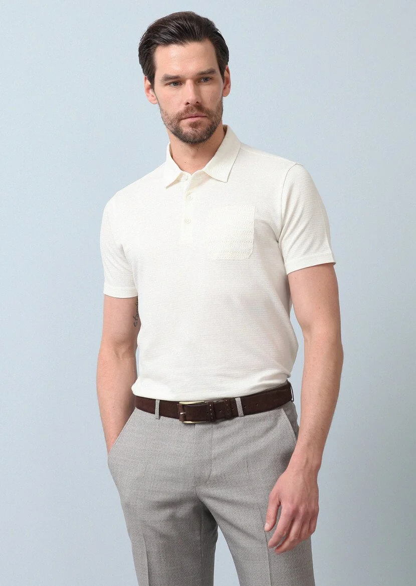 Ekru Jakarlı Polo Yaka %100 Pamuk T-Shirt - 2