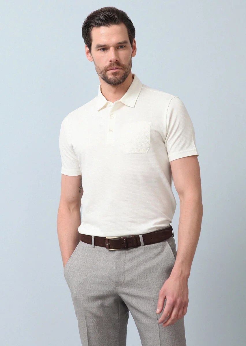Ekru Jakarlı Polo Yaka %100 Pamuk T-Shirt - 2