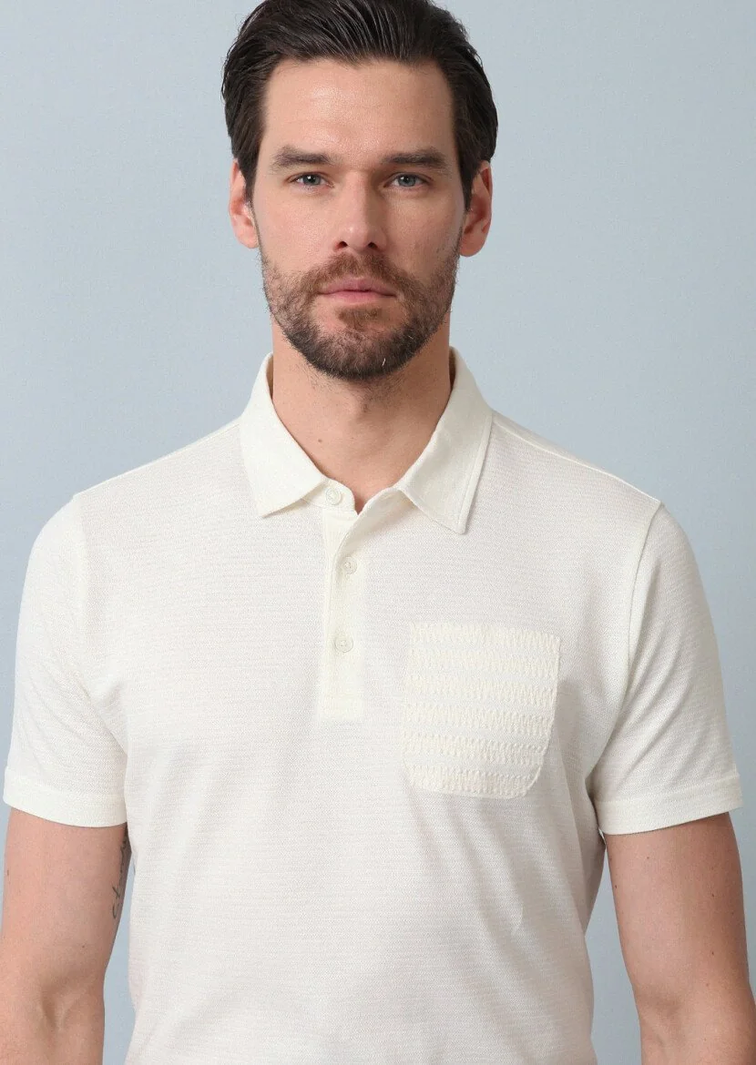 Ekru Jakarlı Polo Yaka %100 Pamuk T-Shirt - 5