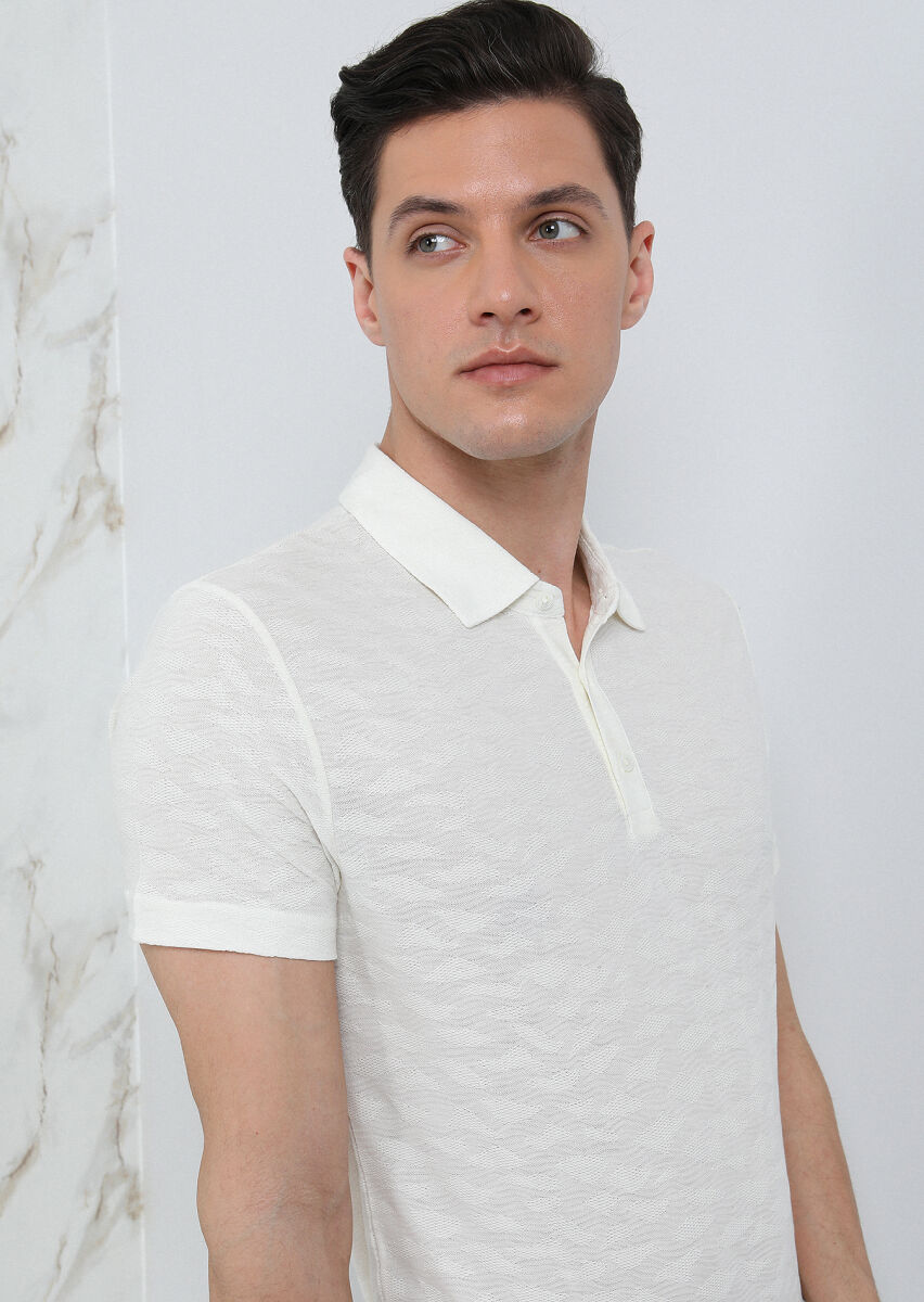 Ekru Jakarlı Polo Yaka %100 Pamuk T-Shirt - 4