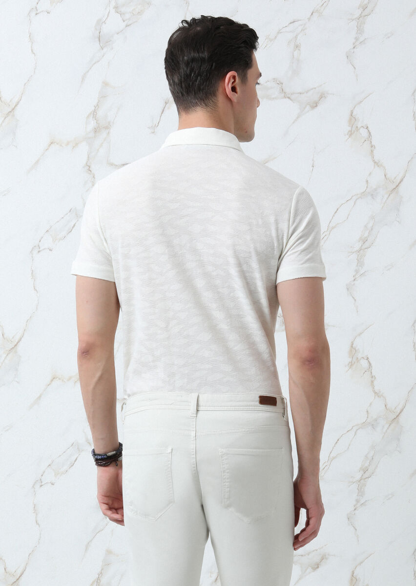 Ekru Jakarlı Polo Yaka %100 Pamuk T-Shirt - 5