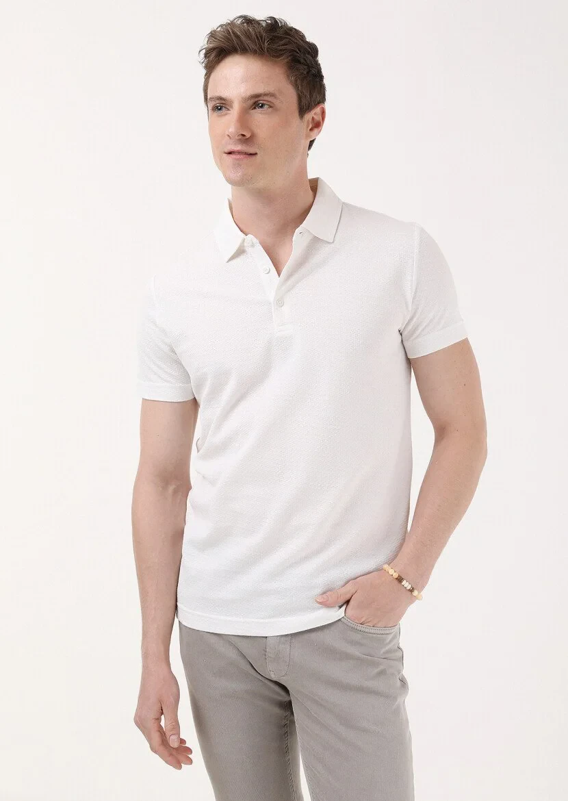 Ekru Jakarlı Polo Yaka %100 Pamuk T-Shirt - 1