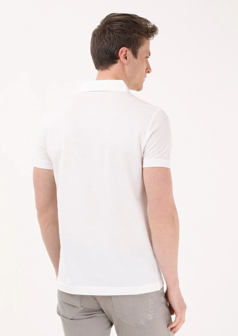 Ekru Jakarlı Polo Yaka %100 Pamuk T-Shirt - 4