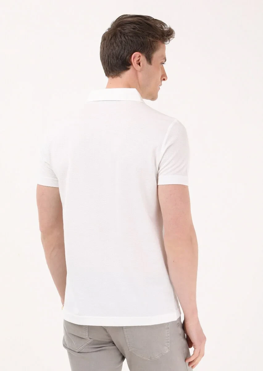 Ekru Jakarlı Polo Yaka %100 Pamuk T-Shirt - 4