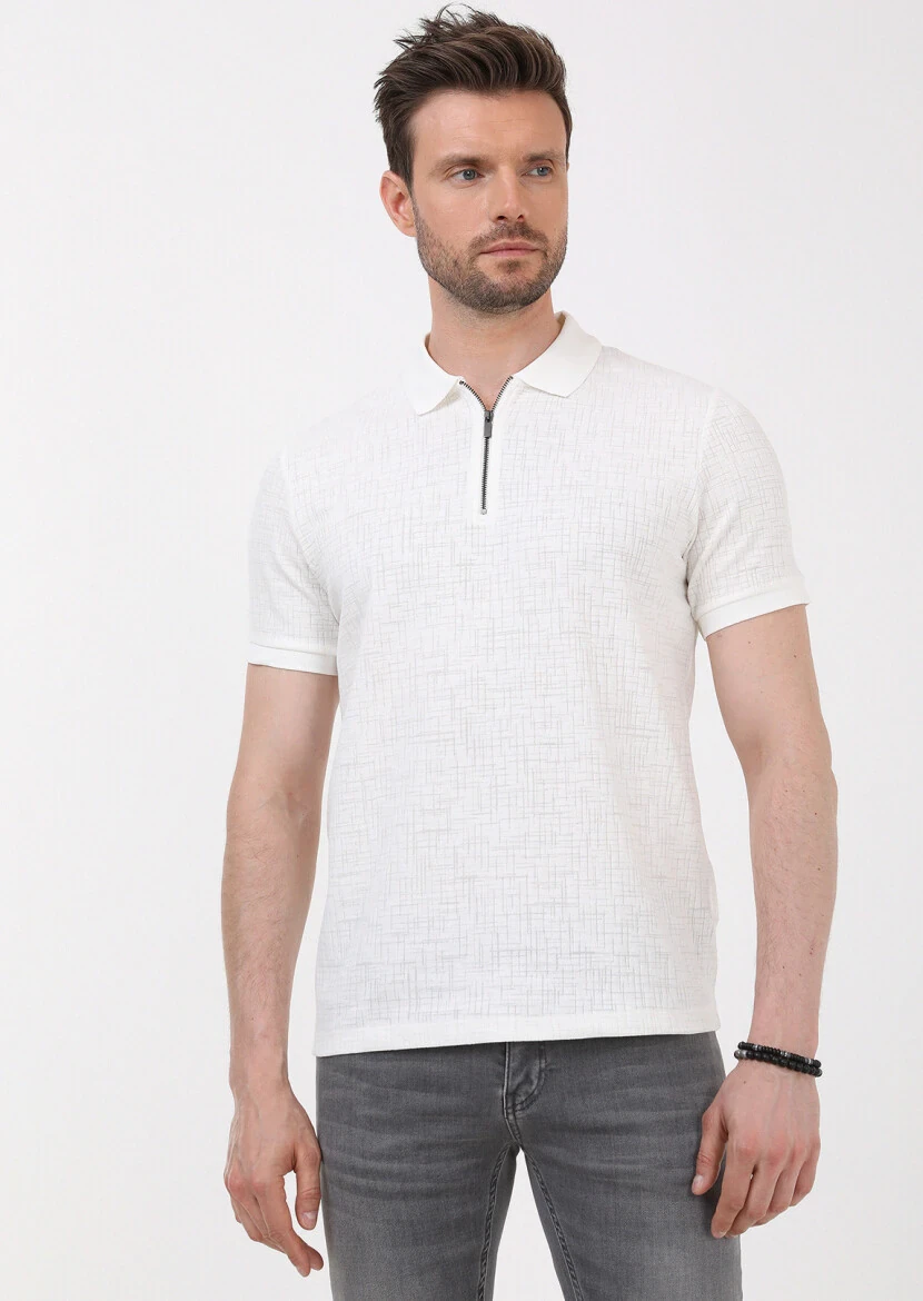 Ekru Jakarlı Polo Yaka Pamuk Karışımlı T-Shirt - 1