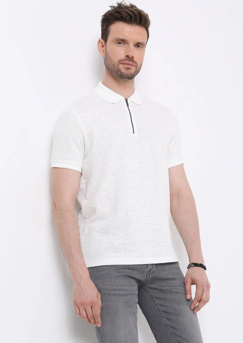 Ekru Jakarlı Polo Yaka Pamuk Karışımlı T-Shirt - 2