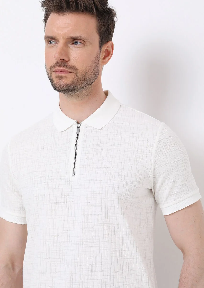 Ekru Jakarlı Polo Yaka Pamuk Karışımlı T-Shirt - 4