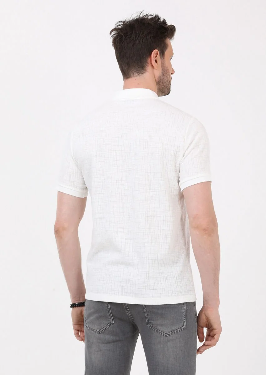 Ekru Jakarlı Polo Yaka Pamuk Karışımlı T-Shirt - 5