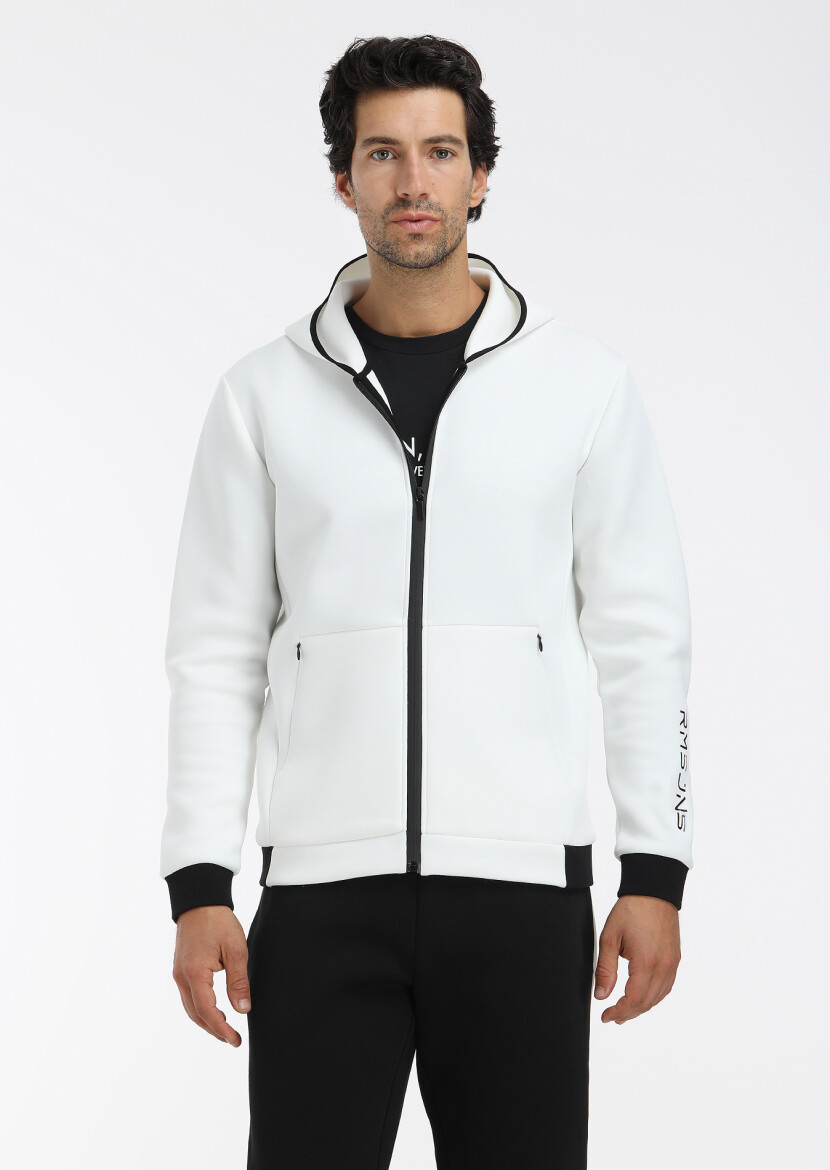 Ekru Kapüşonlu Düz Sweatshırt - 4