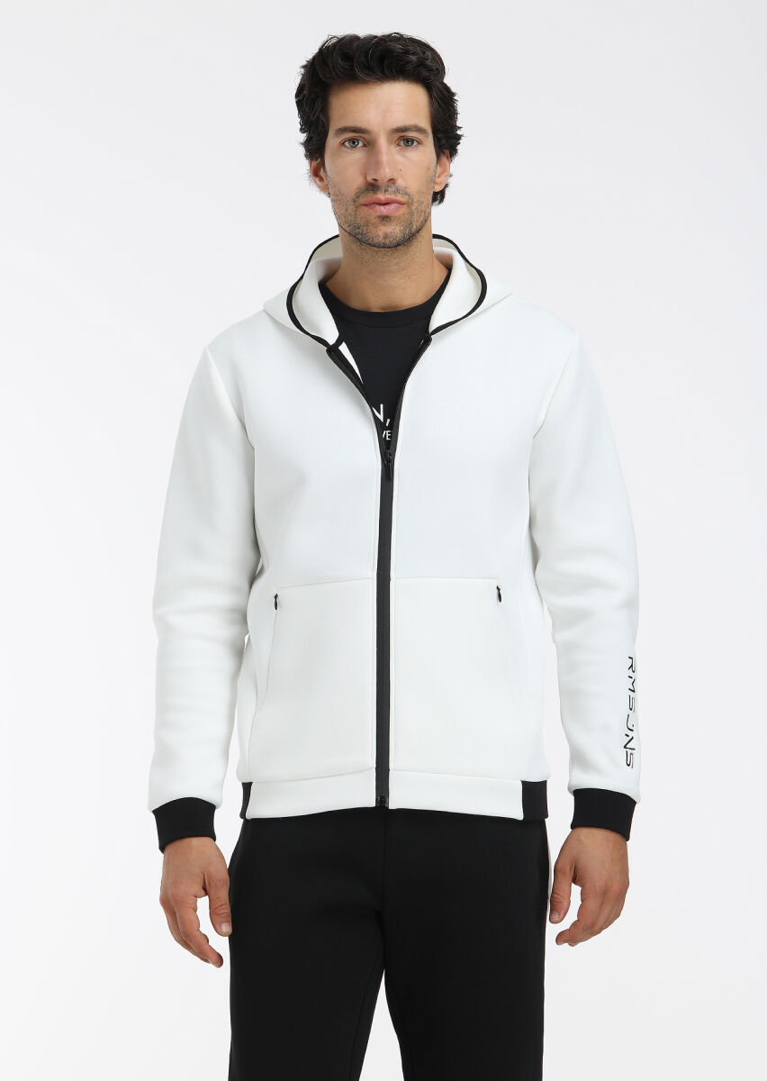 Ekru Kapüşonlu Düz Sweatshırt - 4