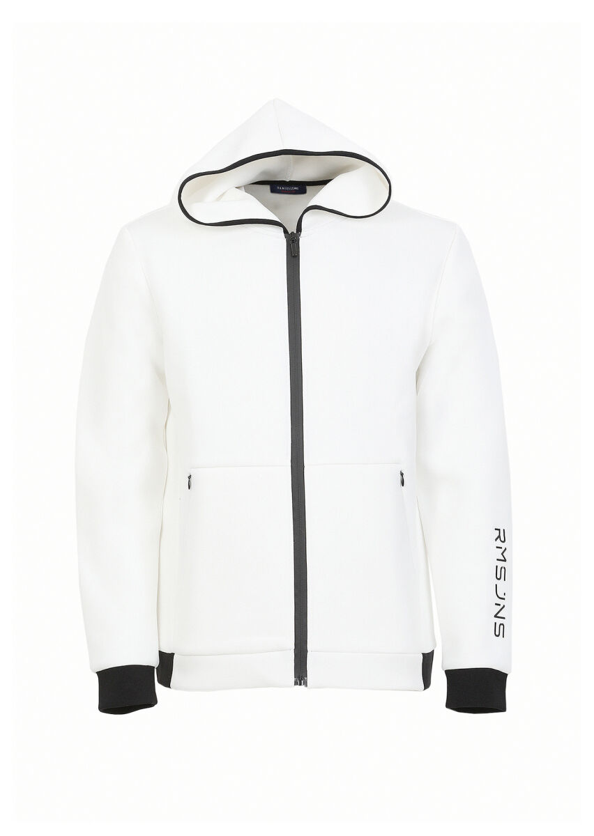 Ekru Kapüşonlu Düz Sweatshırt - 6