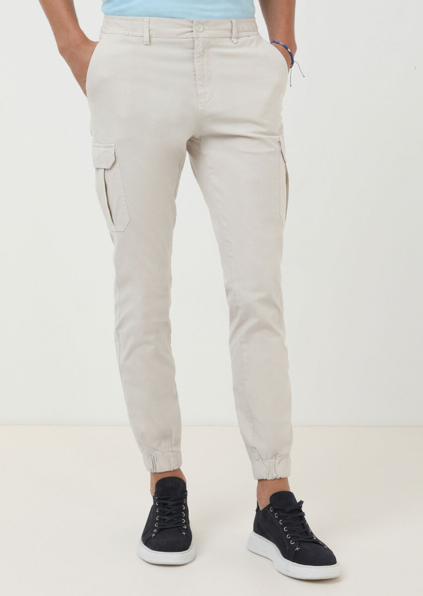 Ekru Kareli Dokuma Jogging Fit Casual Pamuk Karışımlı Pantolon - 2